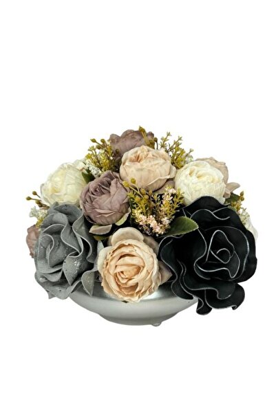 Nettenevime Yapay Çiçek Aranjmanı Büyük Boy Gri Siyah Pudra Tonlar Gümüş Meta...