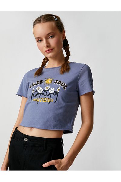 Koton Tricou crop imprimat cu mânecă scurtă cu decolteu