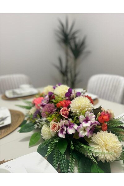 Nettenevime Yapay Çiçek Yemek Masası Çiçeği Beyaz Krizantem ve Fındık Gül Yapay Masa Çiçeği