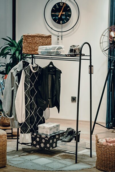 TOPRAK E-TİCARET Metal 2 Raflı Çift Askılıklı Siyah Portmanto Elbise Askılığı...