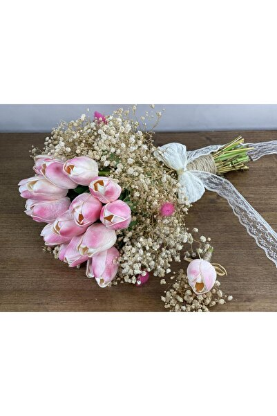 Nettenevime Bride Flower Artificial Flower Pink Wet Tulip Tulip and Cream Cipso and Dry Flower Branches Bridal Bouquet