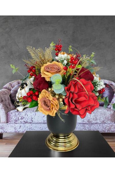 Nettenevime Yapay Çiçek Aranjmanı Siyah Gold Vazolu Nişan Çiçeği Isteme Çiçeği Masa Üstü Çiçeği Arajman