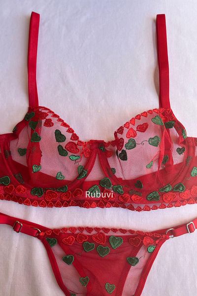 Rubuvi Red Women's Green Heart Underwire Lace Tulle Bralet Underwear Bra Set Lingerie Set