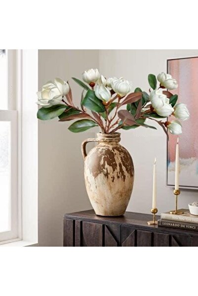 Nettenevime Yapay Çiçek Lüx Manolya Gerçek Islak Dokulu Magnolia Gelin Çiçeği 48cm BEYAZ
