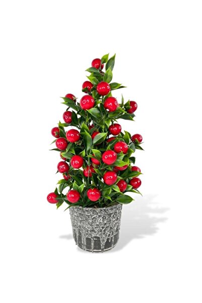 Nettenevime Yapay Çiçek Gri Seramik Saksıda Kiraz Ağacı Kırmızı Top Çiçek