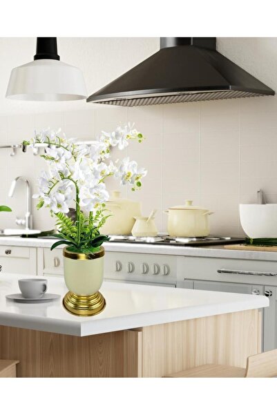 Nettenevime Yapay Çiçek 6lı Beyaz Orkide Metal Krem Gold Saksıda Orkide 60cm