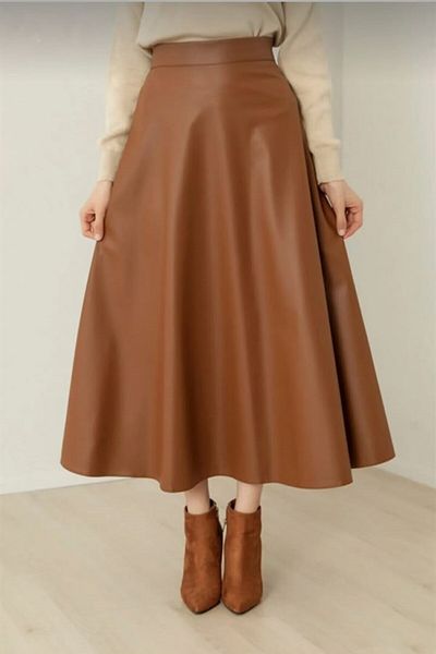Mine'nspolo Δερμάτινη φούστα Tan Flared Tweed
