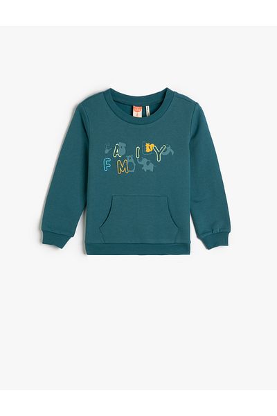Koton Sweatshirt Printed Long Sleeve Crew Neck Kangaroo Pocket Raised Cotton