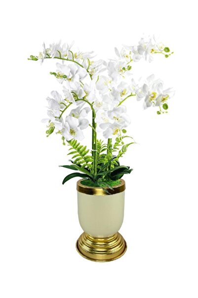 Nettenevime Yapay Çiçek 6lı Beyaz Orkide Metal Krem Gold Saksıda Orkide 60cm