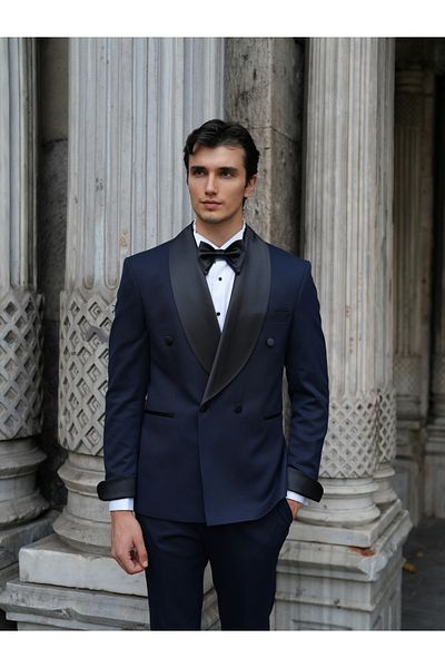 LONATOLİA Men's Italian Style Slim Fit Double Breasted Jacket and Pants Set - Groomsuit Cuff Sleeves, Shawl Collar