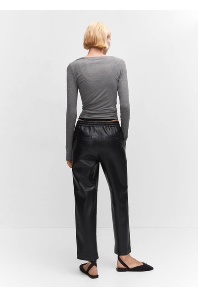 MANGO Woman Deri görünümlü beli elastik pantolon