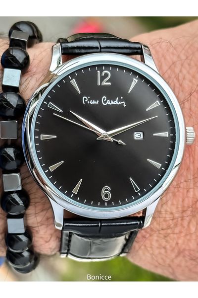 Pierre Cardin Brand Black Leather Cord Calendar Men's Wrist Watch + Bracelet
