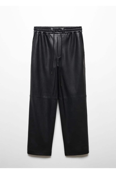 MANGO Woman Deri görünümlü beli elastik pantolon