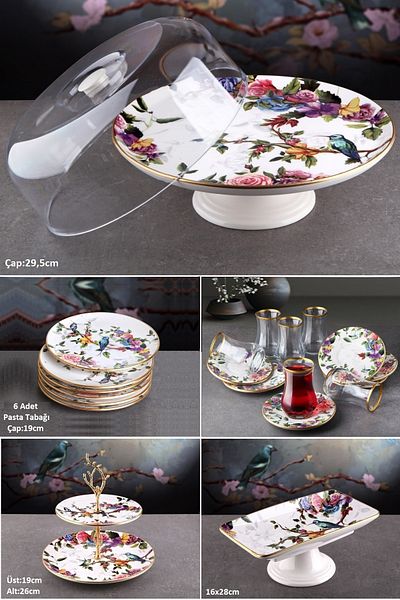 Pinkev Flora 22 Piece Cake Presentation Plate Set with Tea Cups