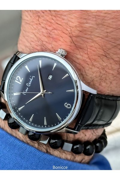 Pierre Cardin Brand Black Leather Cord Calendar Men's Wrist Watch + Bracelet