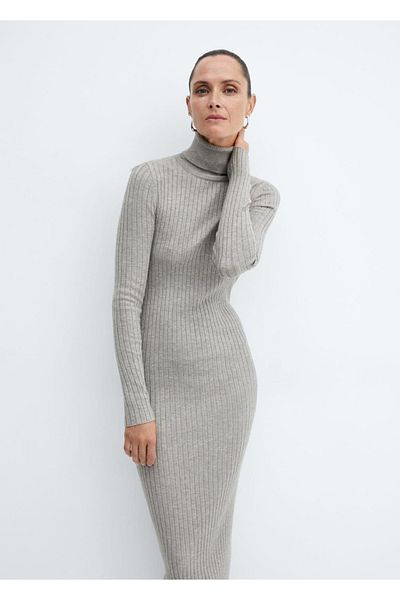 MANGO Woman Μίντι φόρεμα με ψηλό γιακά με ραβδώσεις