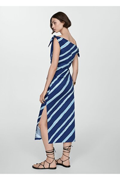 MANGO Woman Omuzları açık çizgili elbise