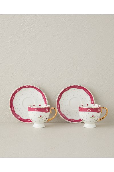 English Home Retro Flowery New Bone China 4-Piece 2-Person Coffee Cup Set 100ml White - Burgundy