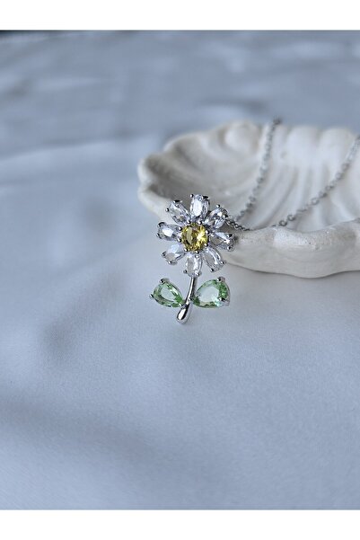 ULYOS PONIS Papatya Çiçek Yaprak Zirkon Taşlı İnce Zincirli Vip Kadın Stainless Steel Kararmaz Çelik Kolye