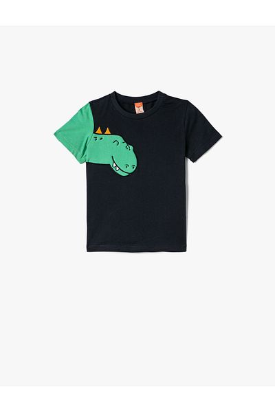 Koton Cotton Short Sleeve Dinosaur T-Shirt - Crew Neck