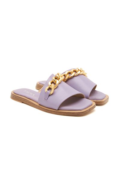 Desa Γυναικείες δερμάτινες παντόφλες Purple Bleuet με λεπτομέρεια αλυσίδας