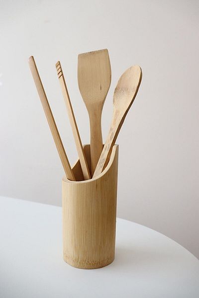 RUBY BOUTİQUE Bamboo Spoon Set with Stand 4 Pieces - Tongs - Spoon - Spatula