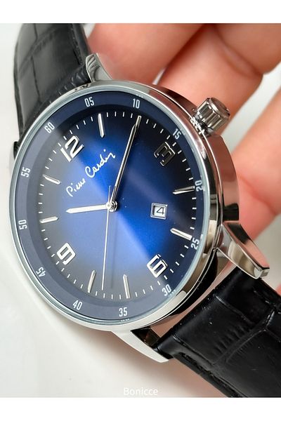 Pierre Cardin Brand Black Leather Cord Calendar Men's Wrist Watch + Bracelet