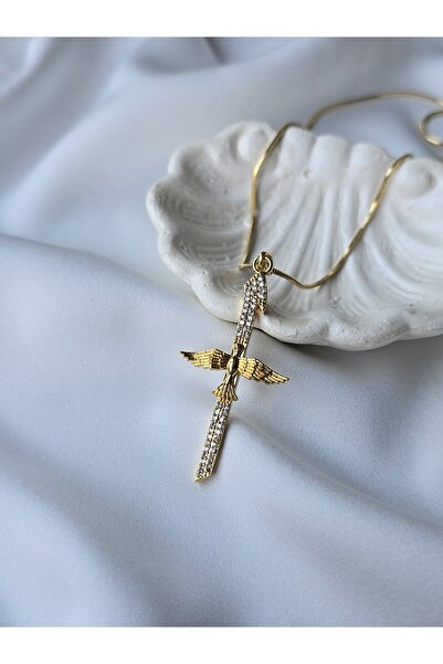 ULYOS PONIS Elif Kolye - Kuş Kanat Elif Zirkon Taşlı Top Zincirli Vip Kadın Stainless Steel Kararmaz Çelik Kolye