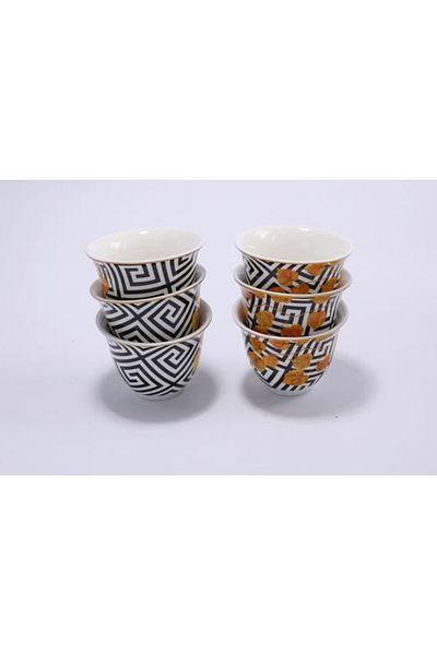 Dania 12-Piece Leaf Printed Arabic Coffee Cup Set White/Black/Yellow 80ml