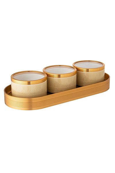 Dania Porcelain nuts serving plate, 3 pieces, with a golden metal tray