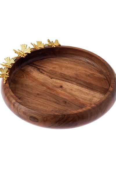 Dania Round serving dish made of beech wood with multi-use golden butterfly decor
