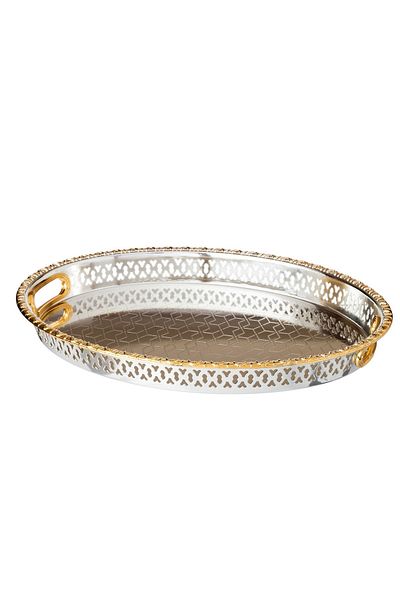 Dania Silver Oval Tray With Golden Frame Inner Handles Made Of Metal And Stainless Lacquered 40x30 Cm