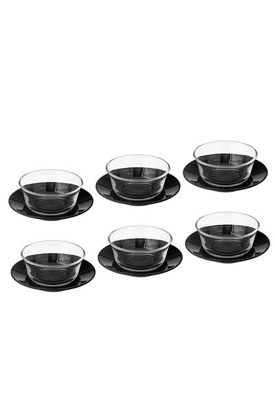 Dania Clear Glass Yogurt Set with Black Porcelain Plate, 6 Bowls + 6 Plates