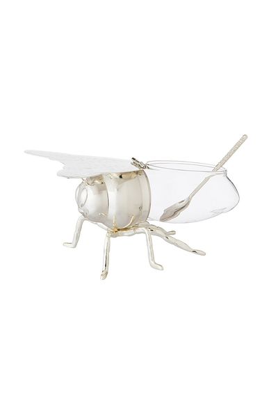 Dania Glass Sugar Bowl With Silver Metal Bee Decor Holder + Metal Spoon