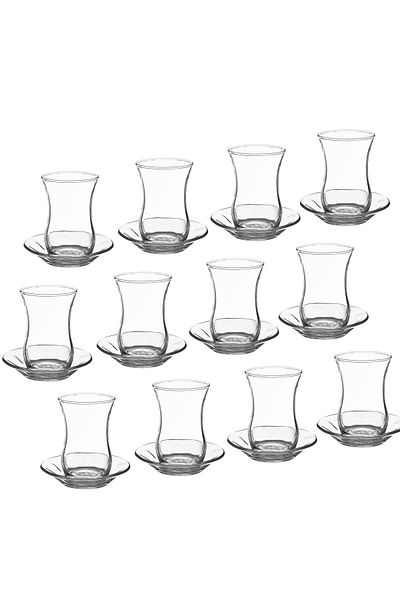 Generic طقم شاي مكون من 12 كوب شاي زجاجي + 12 صحن شاي زجاجي