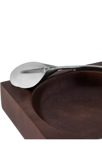 Dania Beech wood square serving dish with rose silver metal decor for multiple uses