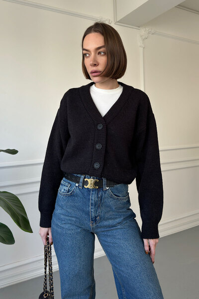 MAGARDE سترة صوفية أصلية بأزرار على شكل حرف V - أسود