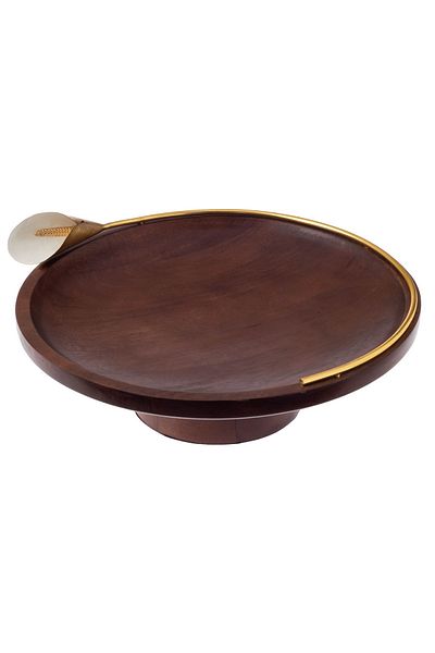 Dania Beech wood cake and serving stand with golden lily decor