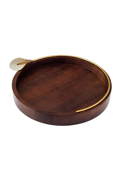 Dania Round Beech Wood Serving Tray With Golden Lily Decor