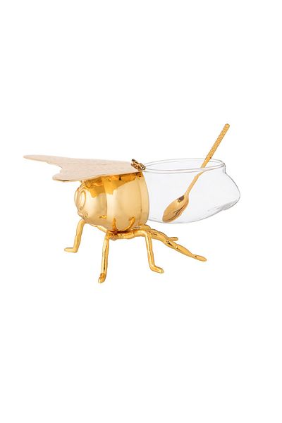 Dania Glass Sugar Bowl With Silver Metal Bee Decor Holder + Metal Spoon