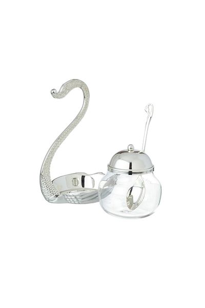 Dania Glass Sugar Bowl With Silver Metal Swan Decorative Holder + Metal Spoon