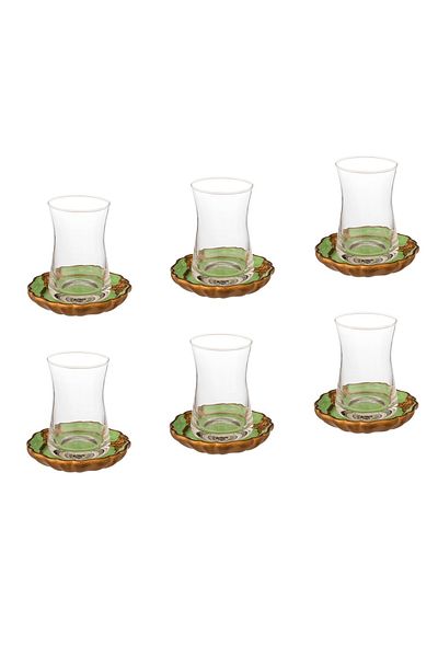 Dania A Set Of Glass Tea Cups With A Wooden Saucer For Green Color 6 Tea Cups + 6 Tea Saucers