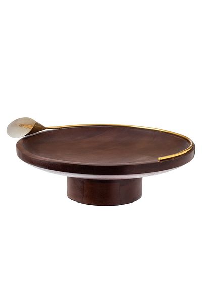 Dania Beech wood cake and serving stand with golden lily decor