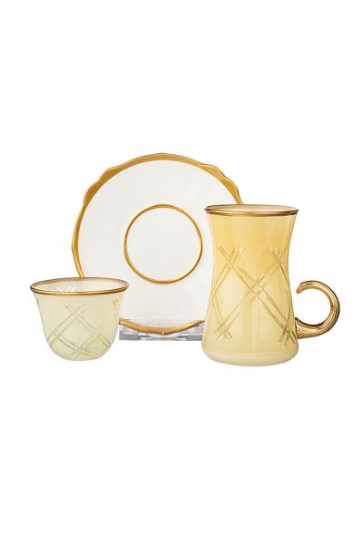 Byblos A Set Of Turkish Glass Tea Cups With Saucers And Saudi Coffee, Made Of Porcelain With A Golden Line