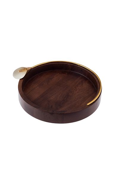 Dania Round Beech Wood Serving Tray With Golden Lily Decor