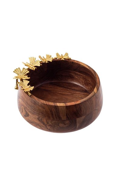 Dania A deep circular bowl of beech wood with a metal butterfly decoration golden color for multiple uses