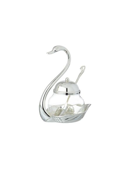 Dania Glass Sugar Bowl With Silver Metal Swan Decorative Holder + Metal Spoon