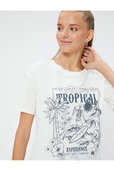 Koton Crew Neck Slogan Printed Cotton T-Shirt