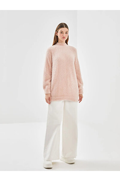 LC Waikiki Ecru Stand Collar Women's Plush Knitwear Tunic