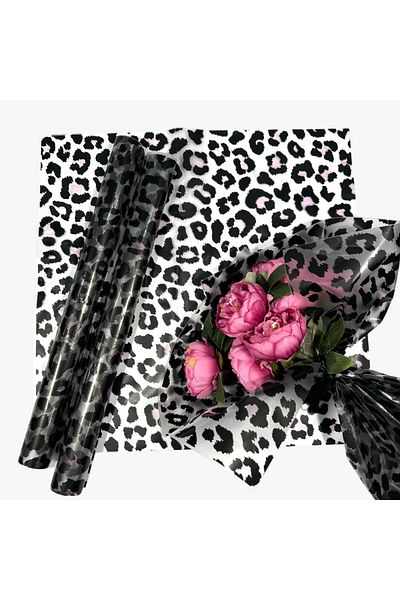 weloveis Pink and Black Floral Print Leopard Bouquet - Matte Opp, 10 Sheets, 55X55Cm